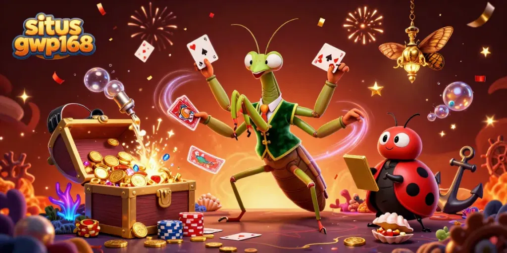 Menang di situs gwp168 dengan suasana kasino live interaktif dan karakter unik dalam ilustrasi.