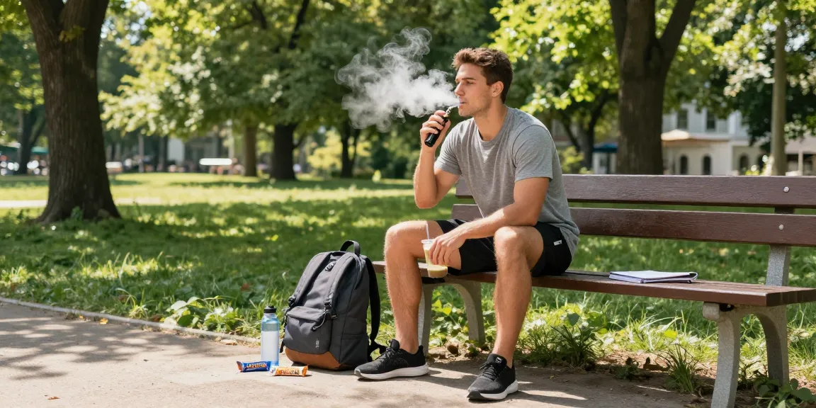 Fumot T9000 Pro Max Vape in a vibrant park setting, promoting natural wellness and active lifestyle with fresh smoothie and greenery.