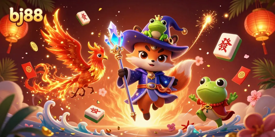 Experience thrilling action at bj88 with a mystical fox wizard and phoenix in a vibrant casino atmosphere.
