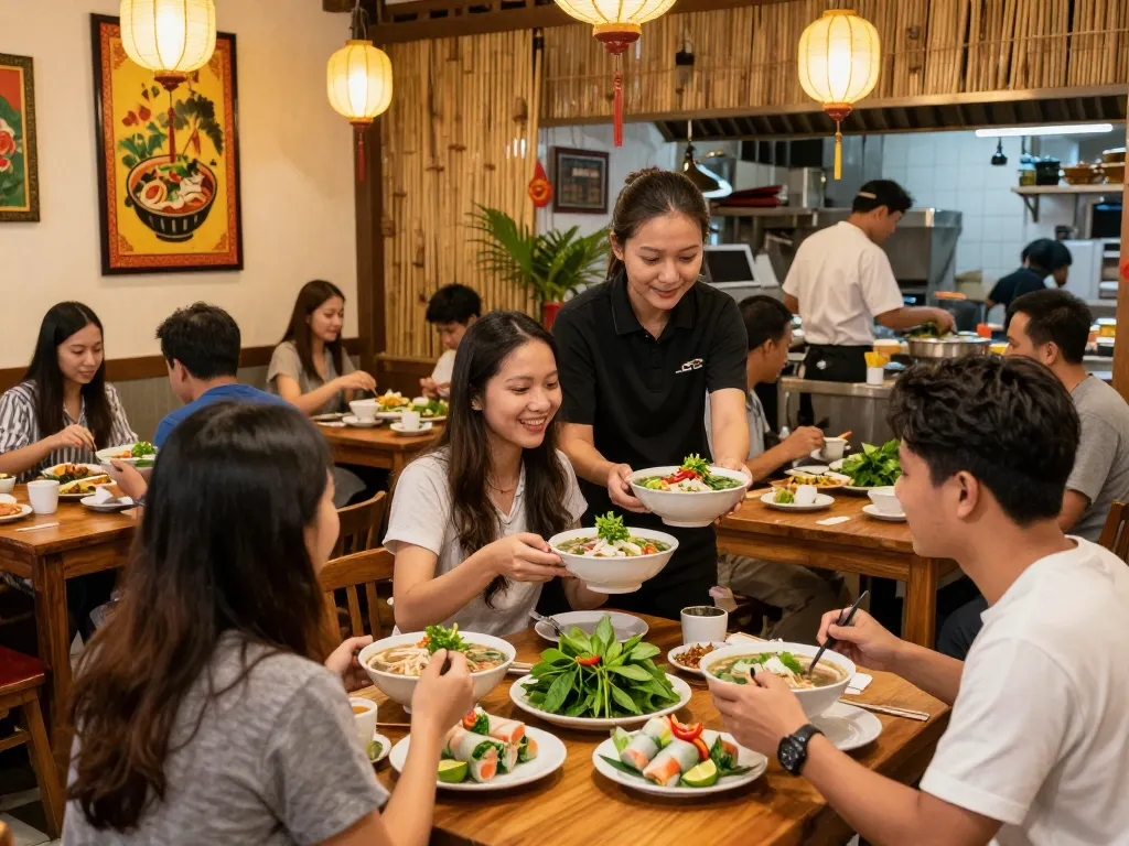 Delicious Vietnamese dishes at https://www.saigoncafesterling.com/menus, showcasing vibrant pho and fresh spring rolls in a lively restaurant scene.