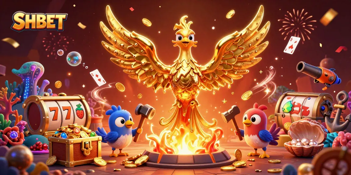 Experience the thrill at SHBET with golden winning symbols and vibrant casino elements.