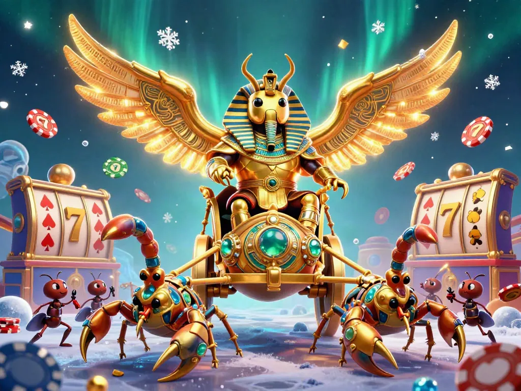 Engage in thrilling gameplay at T19 with a vibrant illustration of a golden scarab beetle navigating a vibrant slot machine world.