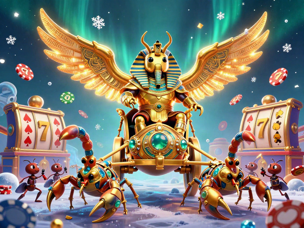 Engage in thrilling gameplay at T19 with a vibrant illustration of a golden scarab beetle navigating a vibrant slot machine world.