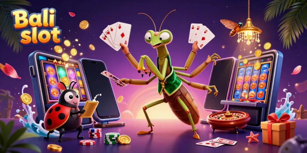 Experience thrilling gameplay with Bali slot amidst a vibrant casino scene featuring lively characters and dynamic elements.