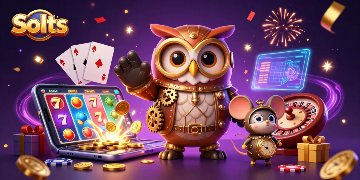 Experience thrilling slots action with an illustrated owl and mouse in a lively casino scene.