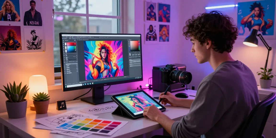 Creating stunning NSFW AI images in a vibrant digital art studio.