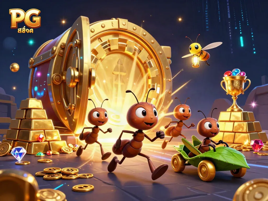 Ants carrying a giant poker chip in a treasure-filled tunnel themed for PG สล็อต gaming excitement