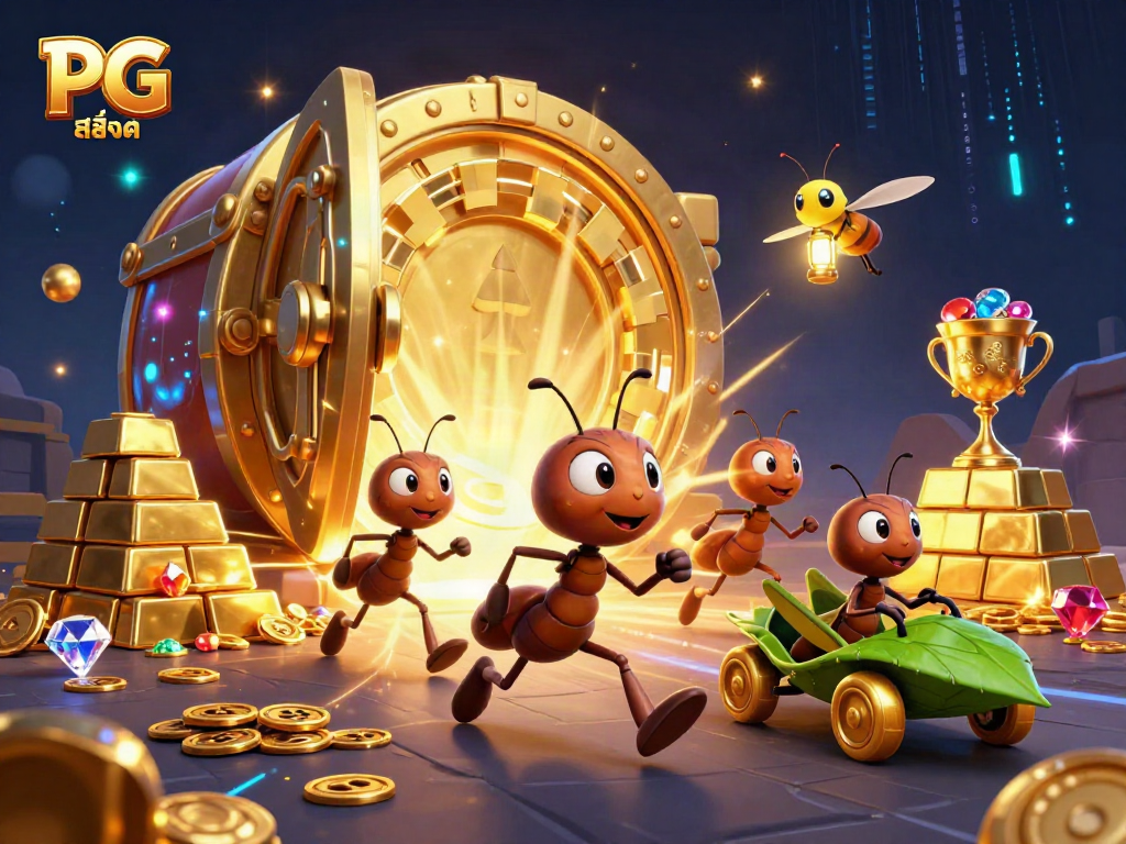 Ants carrying a giant poker chip in a treasure-filled tunnel themed for PG สล็อต gaming excitement