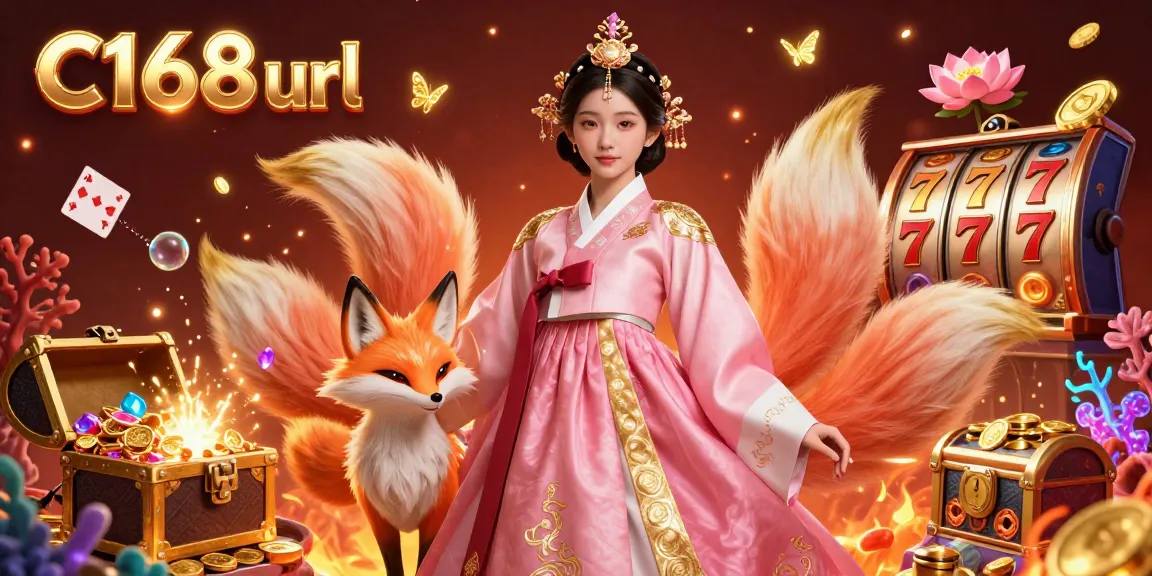 C168 url features a vibrant casino illustration with an Asian woman, lucky fox, and sparkling treasures.