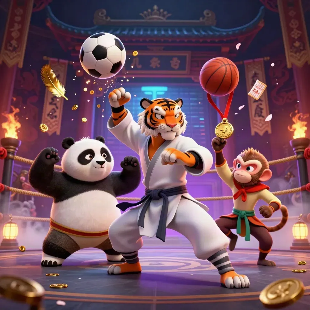 Kung-fu tiger, panda, and monkey in a luxe foggy arena with flying balls, coins, and medals.