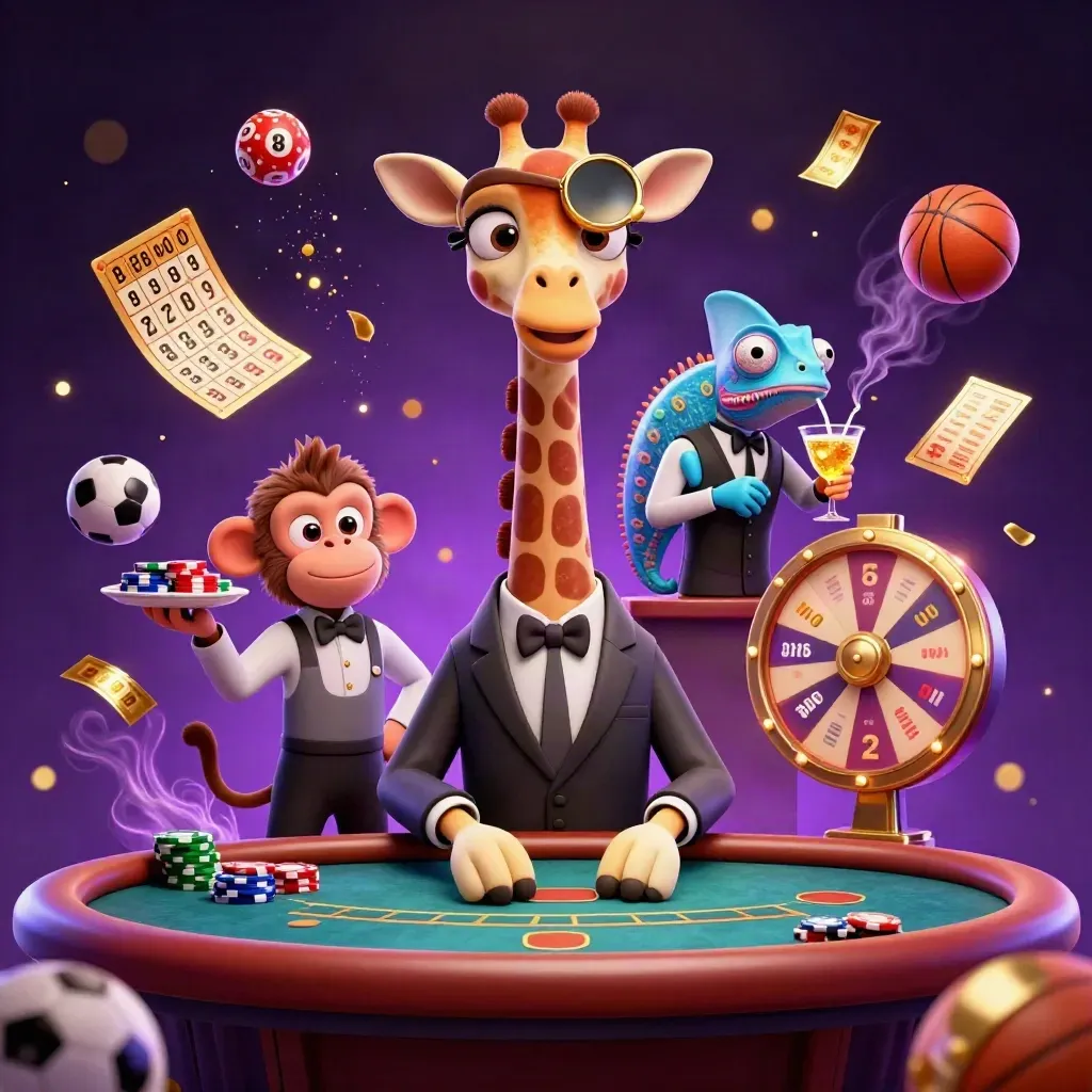 Three cartoon casino animals at a poker table amid glowing balls, tickets and purple fog.