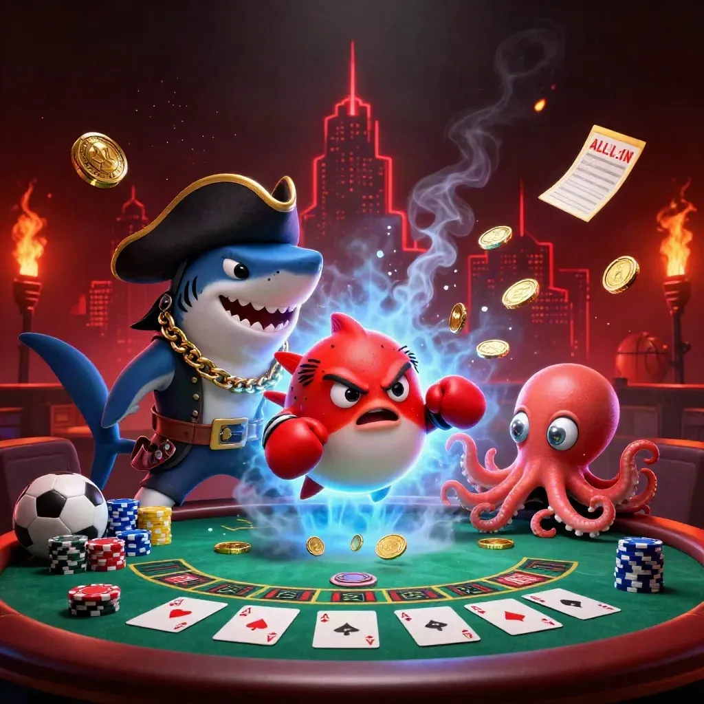 Pirate shark, boxing pufferfish, and juggling octopus amid chips, coins, and neon casino fog.