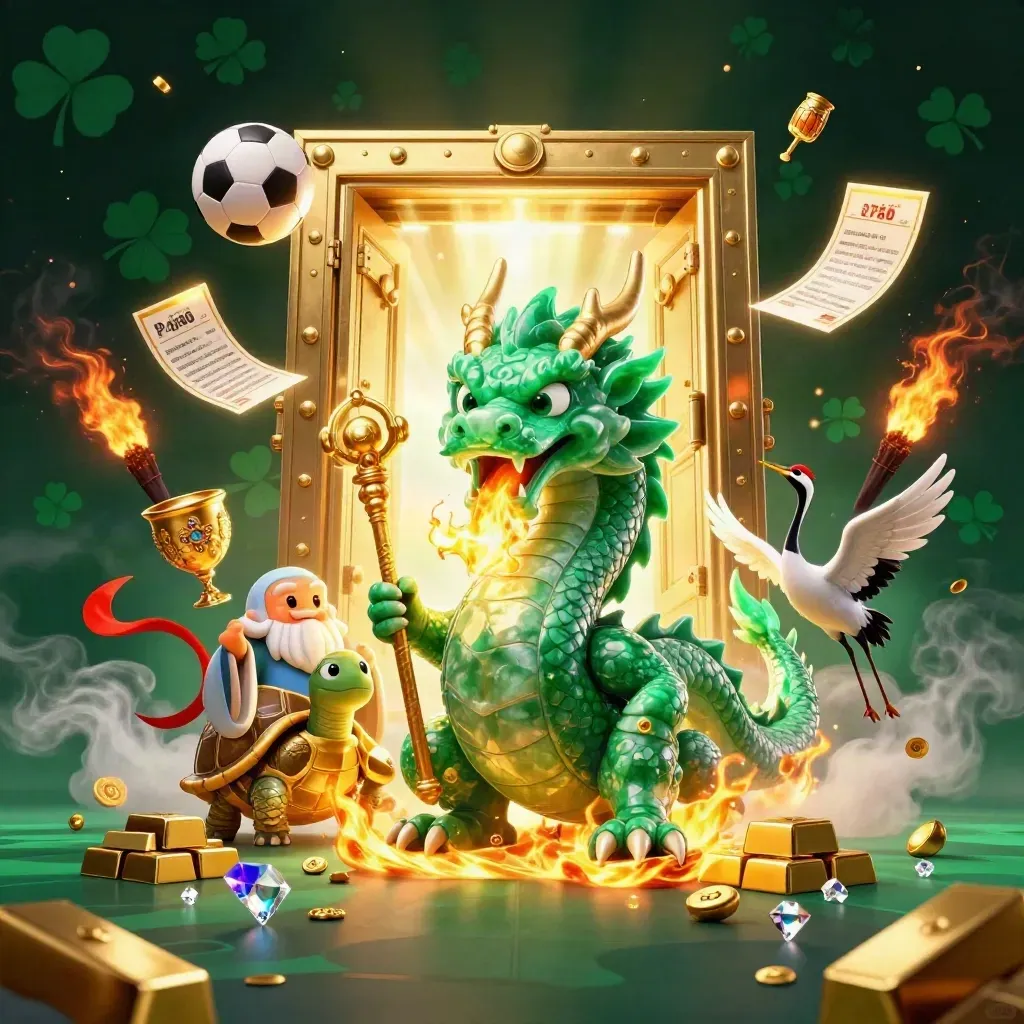Jade dragon, turtle sage, and cranes erupt from a gold vault amid casino fire and sports gear.