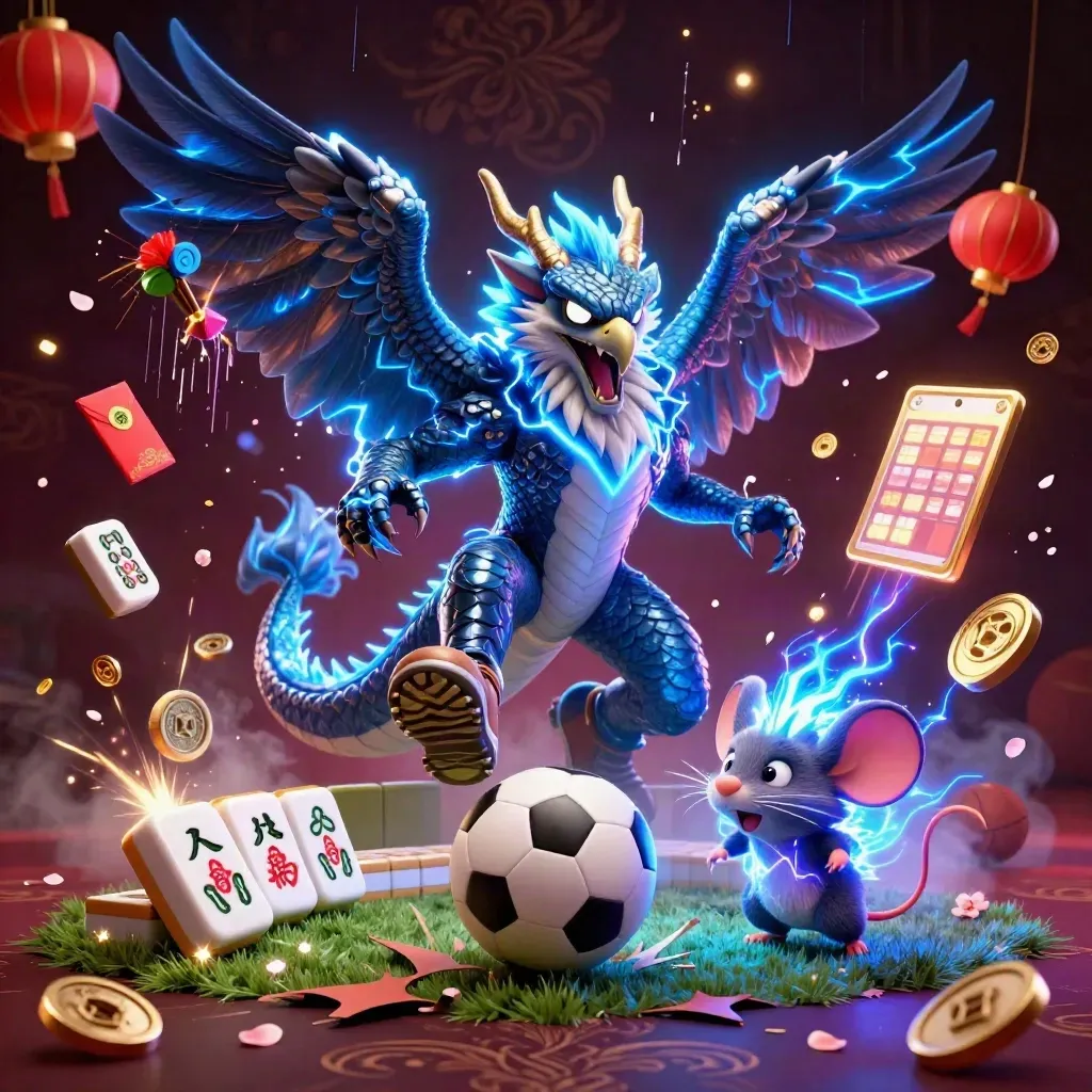 Thunder dragon, hawk and mouse explode around a soccer ball in a dark casino-fog scene.