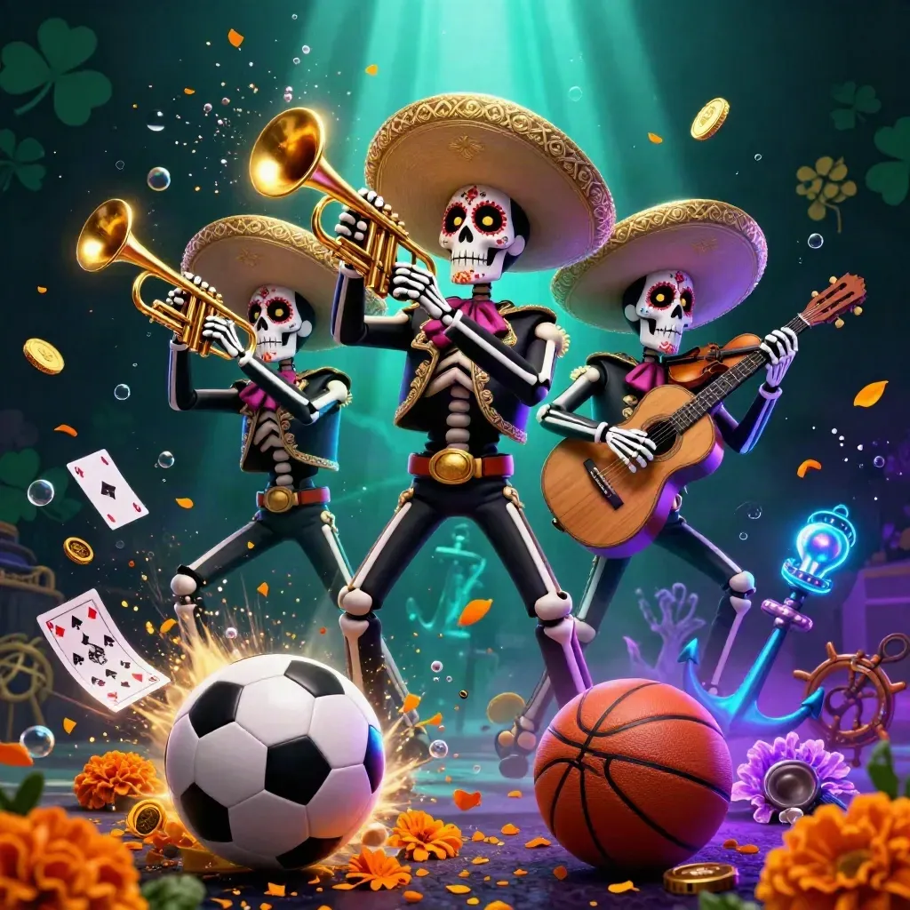 Skeleton mariachi trio amid coins, balls, coral, bubbles, and neon casino glow