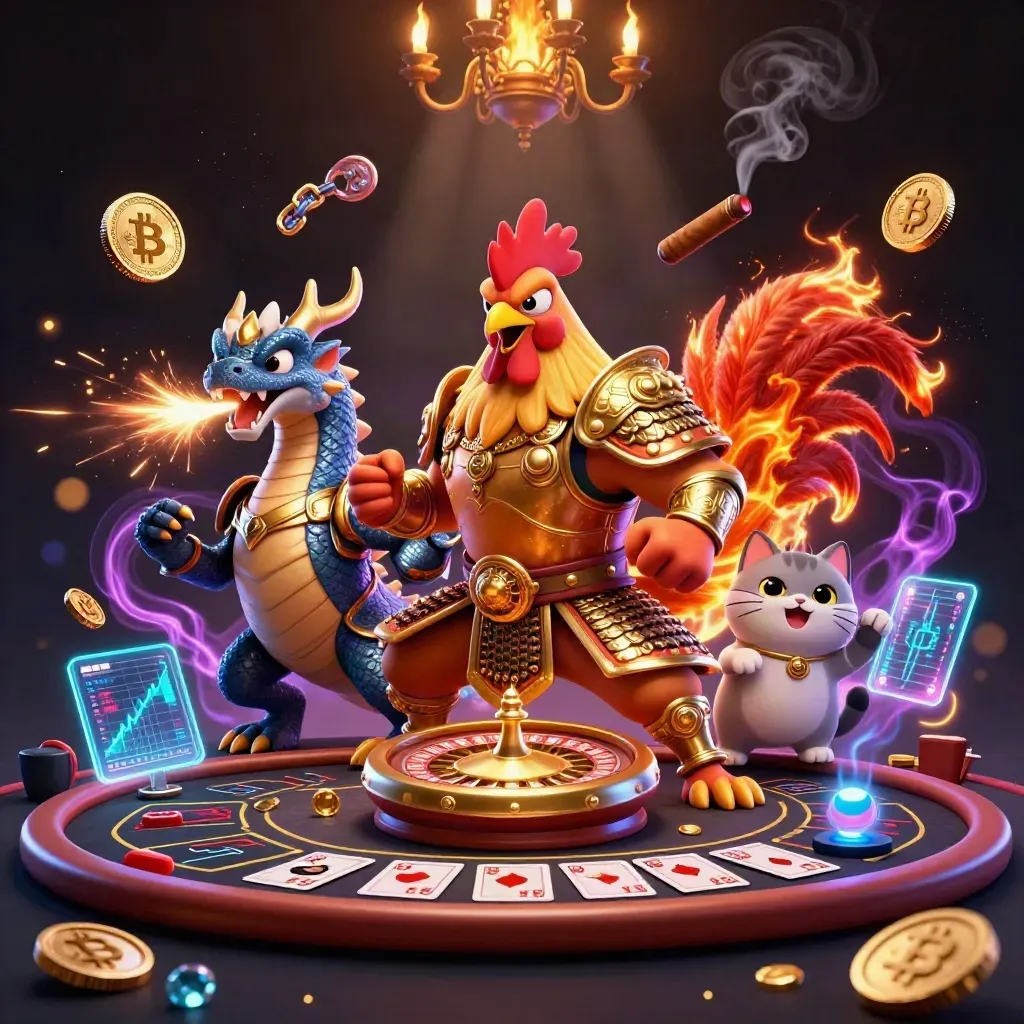 Rooster samurai, dragon hatchling, and cheering fortune-cat in neon casino glow.