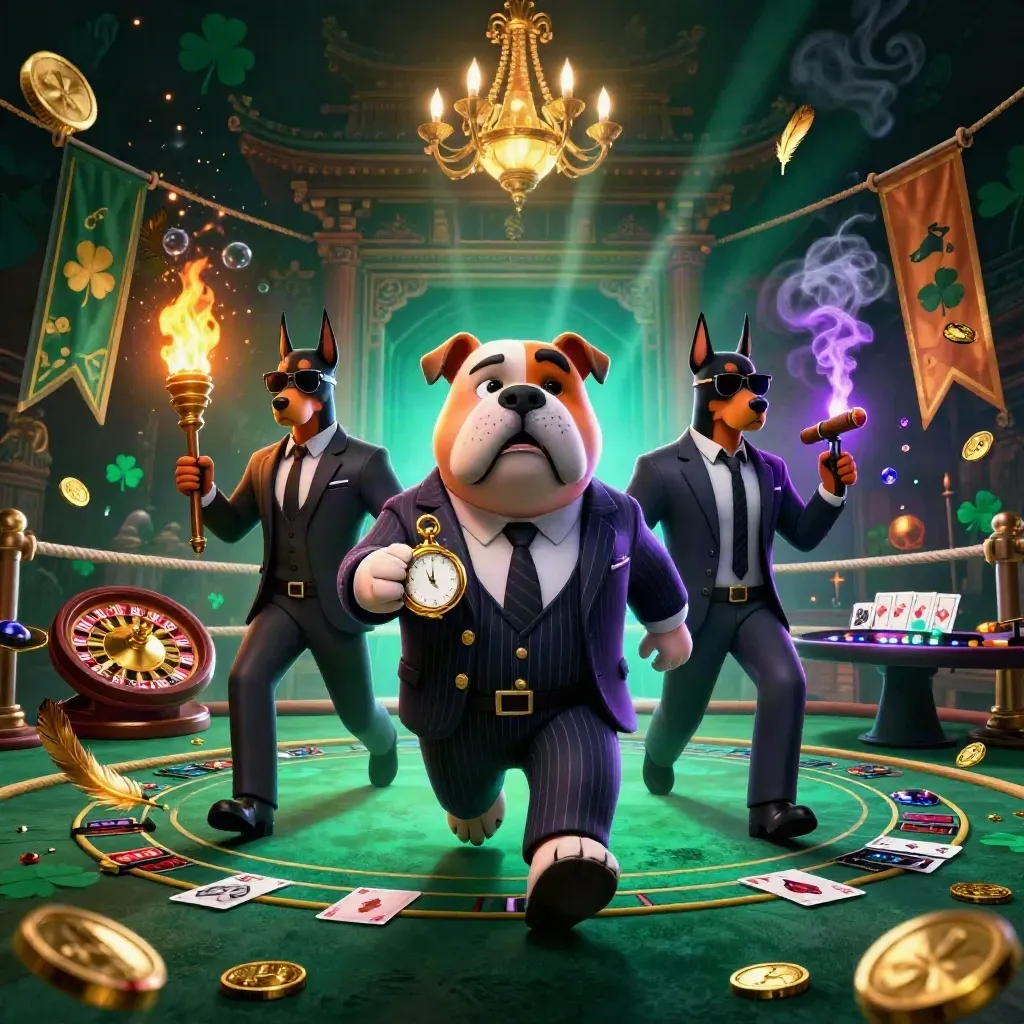 Cartoon bulldog boss with Dobermans in a neon casino temple ring, coins, fog, and glowing luxury.