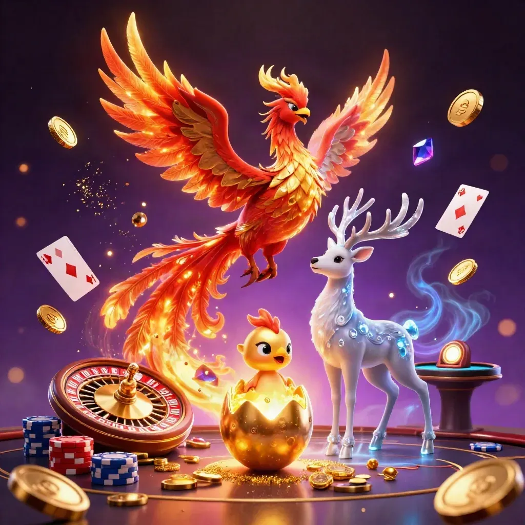 Phoenix, stag, and hatching chick amid casino lights, coins, cards, chips, and a spinning wheel.