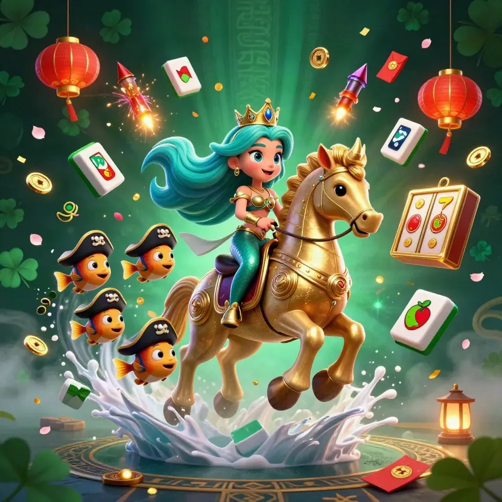 Mermaid princess rides a golden seahorse amid pirate fish, lanterns, coins, and magical casino bursts.