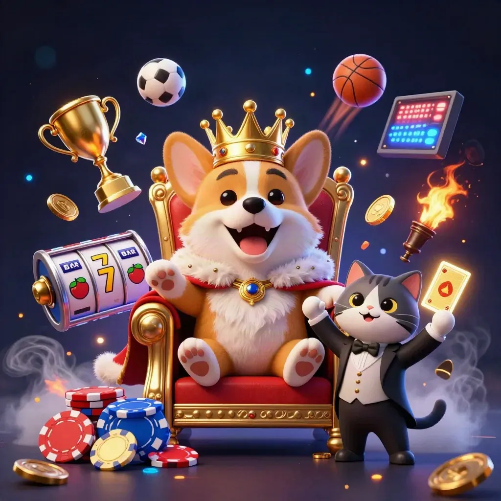 Royal corgi on chip throne with cat butler, slot sparks and sports balls in mist blue glow