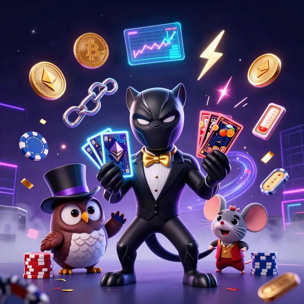 Panther, owl, and mouse in a neon casino-fantasy burst with coins, chips, and purple fog.