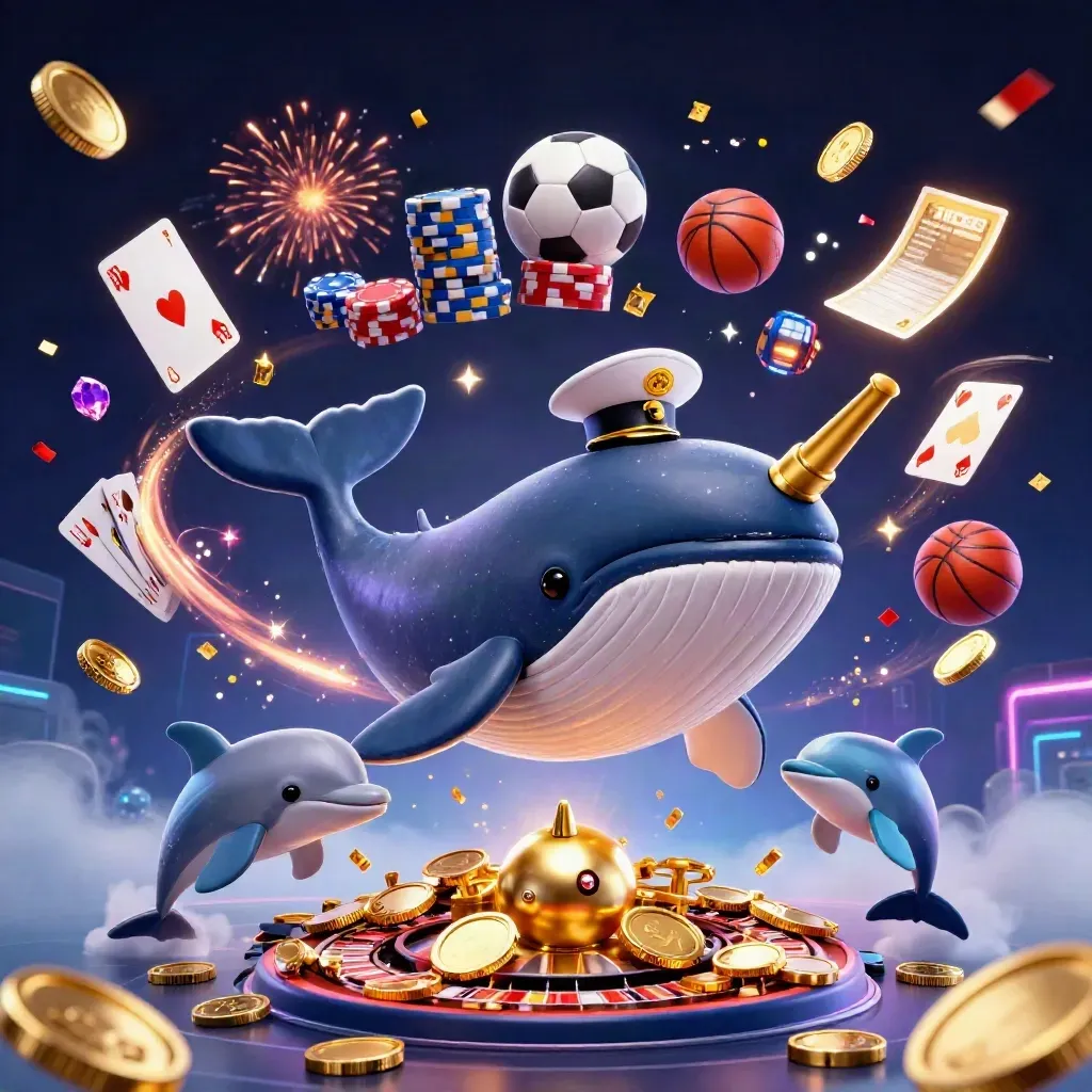 Whale captain, narwhal, and dolphins burst through gold coins amid neon casino props and fireworks.