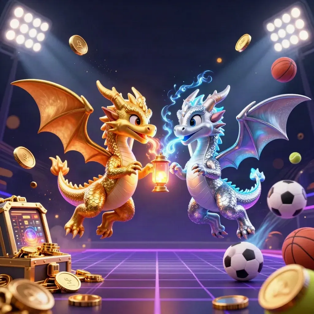 Gold and silver dragons burst through coins, lights, and a trophy in dark neon fog.