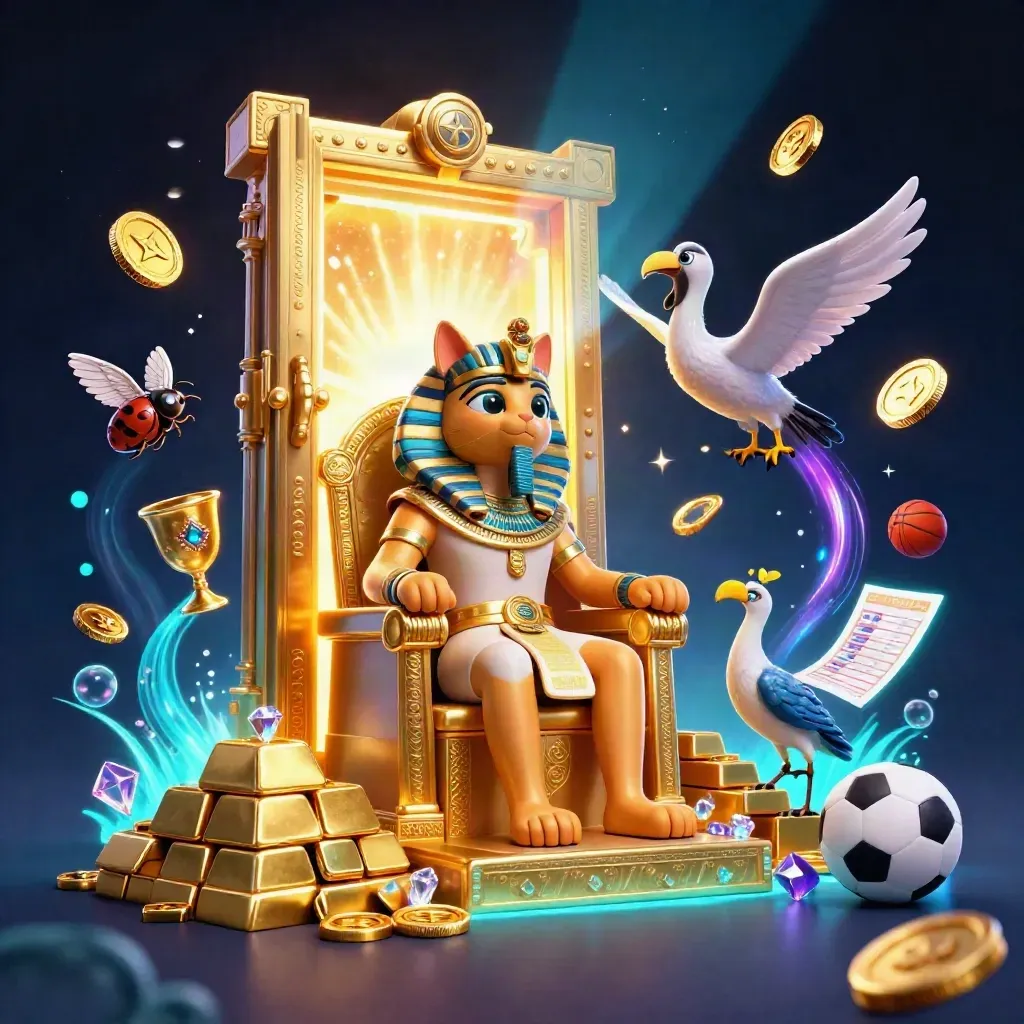 Pharaoh cat, ibis scribe, and gem-winged scarabs amid a vault burst and casino prizes