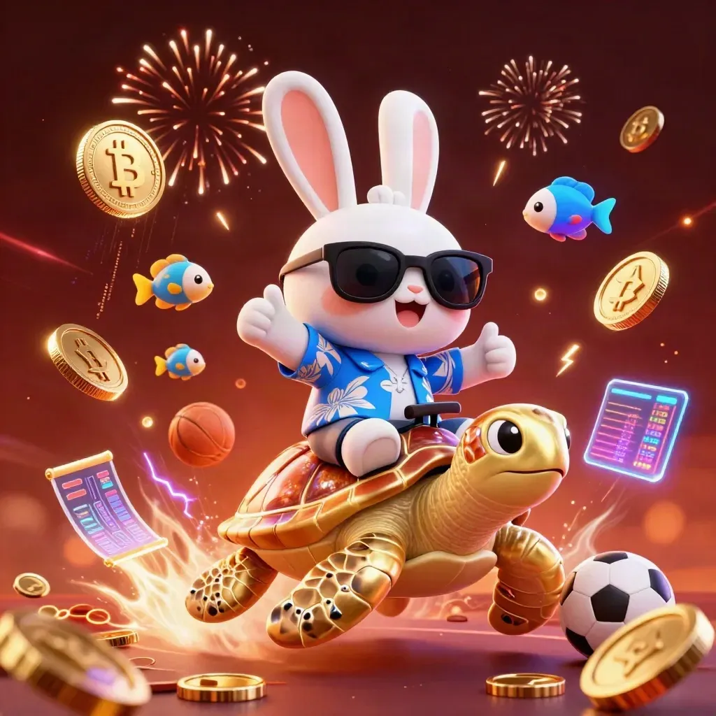 Lucky rabbit on golden sea turtle amid coins, neon crypto effects, fireworks, and esports energy.