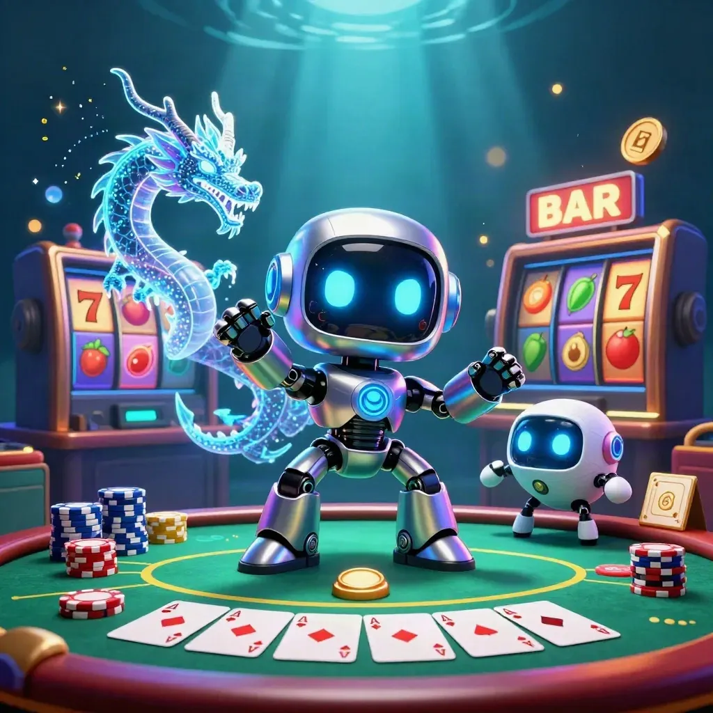 Cyberpunk robot, particle dragon, and coin drone over a casino poker table with glowing cards and chips.