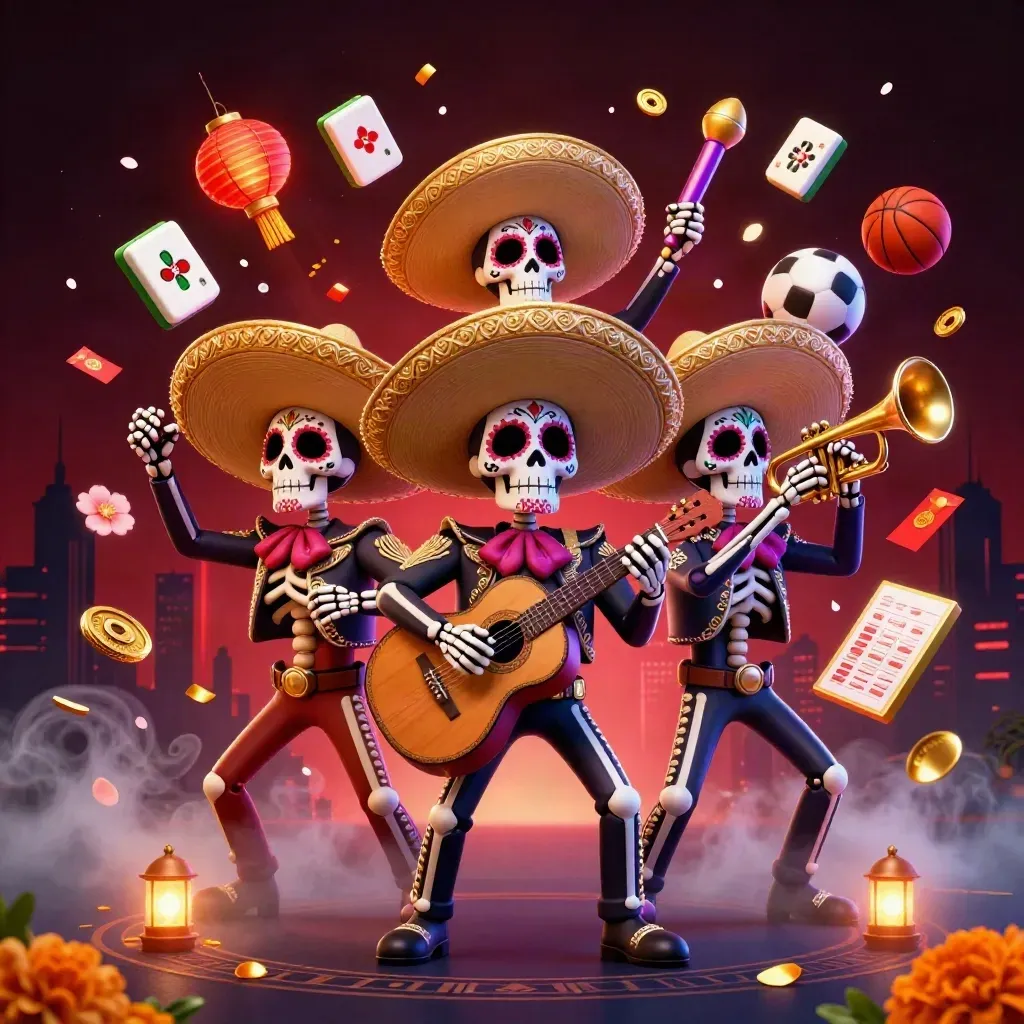 Skeleton mariachi trio amid casino charms, glowing coins, lanterns, and fog on a dark neon backdrop.