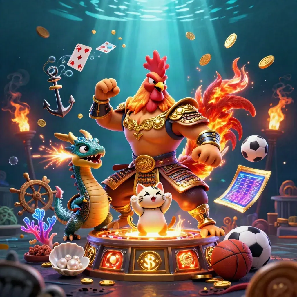 Rooster warrior, dragon hatchling, and fortune cat amid casino treasure underwater