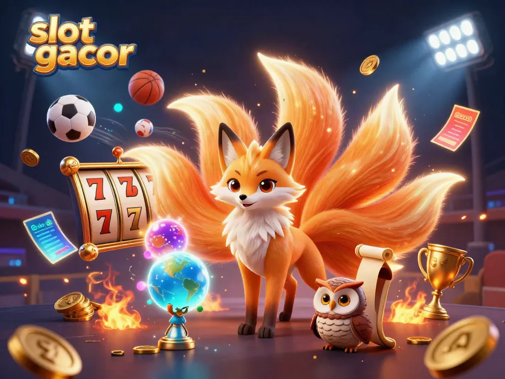 Engage with slot gacor featuring a vibrant fox spirit and wise owl amid dynamic casino elements.