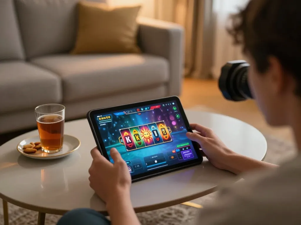 Engaging gameplay on sun win, showcasing vibrant slot reels on tablet in cozy home setting