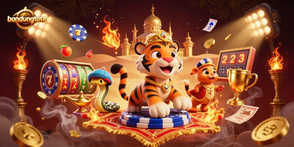 Experience the dynamic world of bandungtoto with a vibrant 3D casino illustration showcasing exhilarating slot reels and magic elements.