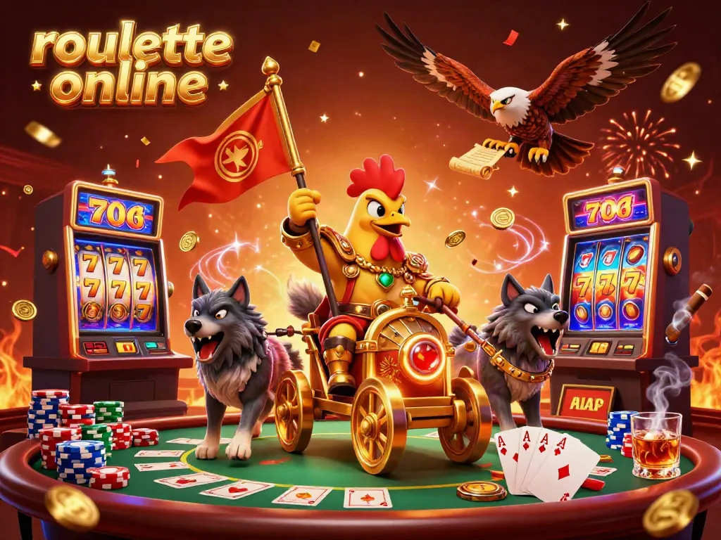Engage in thrilling roullete online with a vibrant illustration featuring a rooster warlord and casino elements.