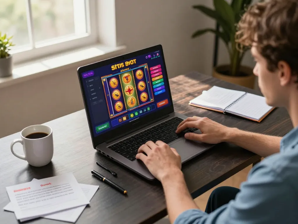 Situs slot game on a laptop screen with an engaged player showcasing responsible gaming practices.