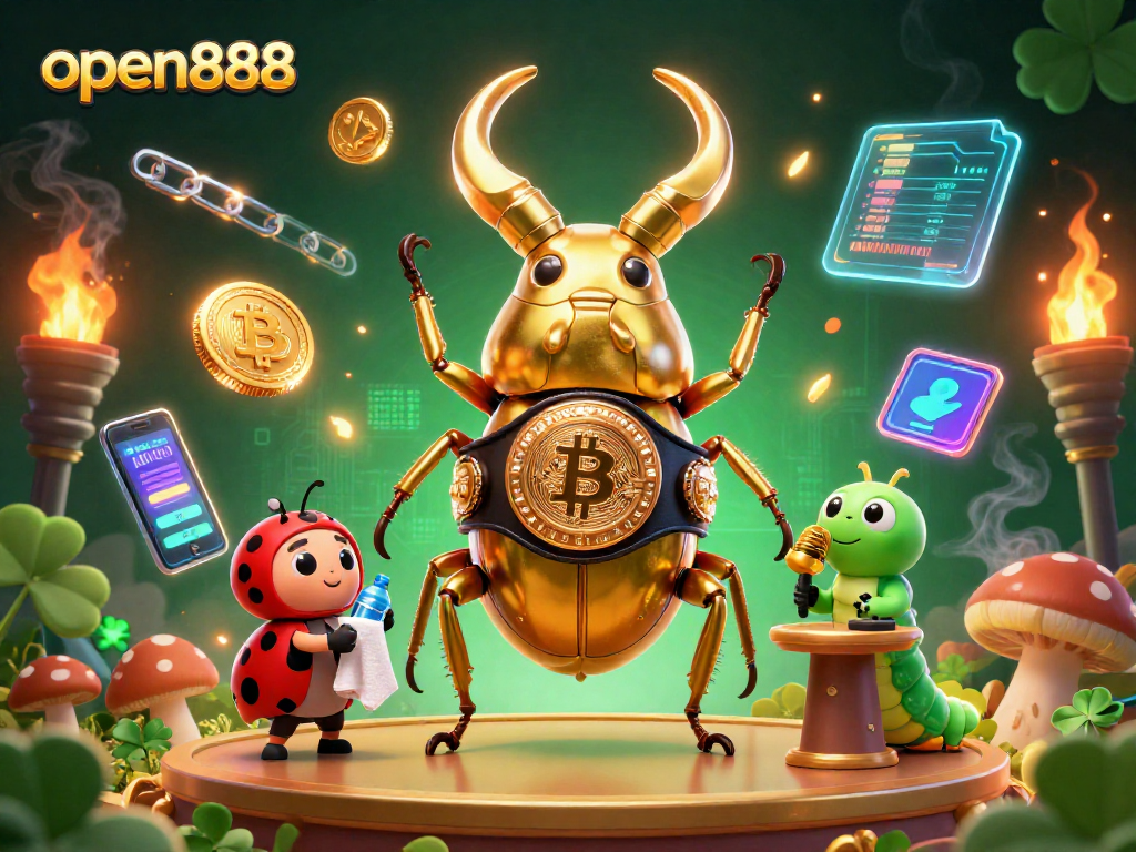 Engage with open888 as the golden stag beetle champions crypto games amidst vibrant slot elements.