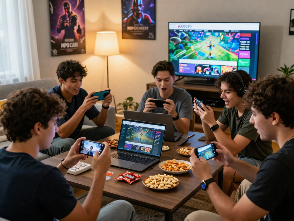 Friends gaming together using mpocash.blog in a cozy living room.