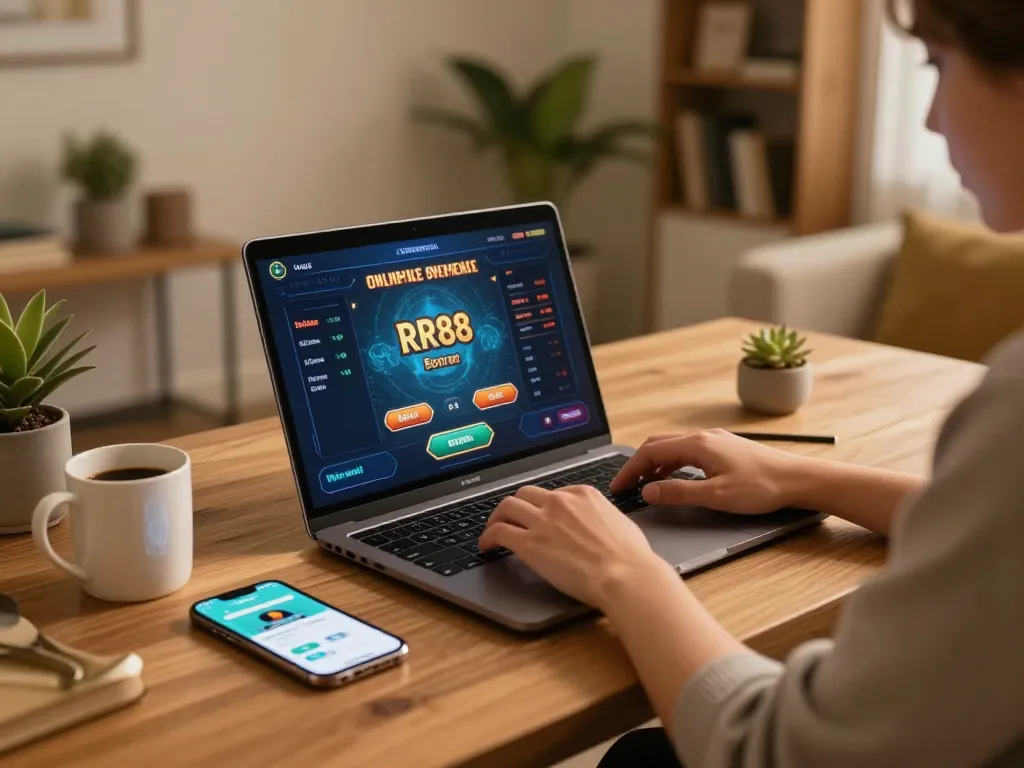 Player enjoys online gaming at RR88, showcasing a vibrant interface on a laptop.