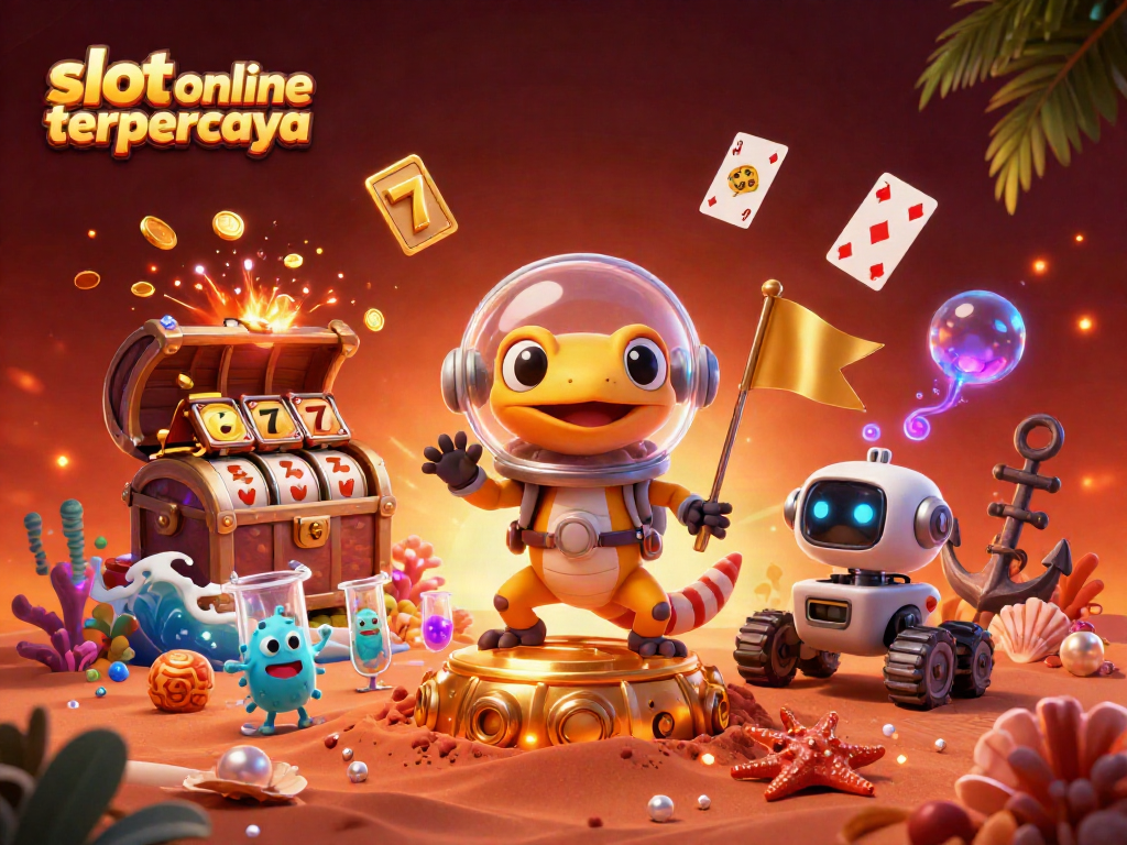Slot online terpercaya menampilkan gecko Mars dan rover robot di kasino emas berpadu dengan simbol slot.