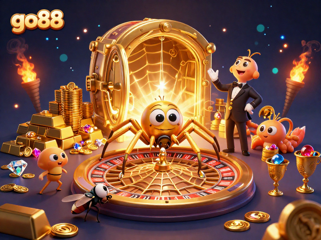 Fly nervously bets with go88 on an intricate roulette web spun by a golden spider.