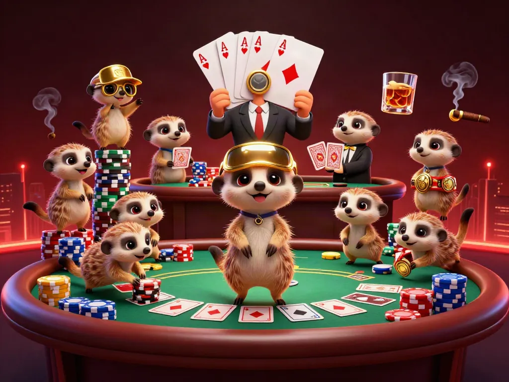 Glomex meerkats managing a vibrant casino with poker action and colorful chip stacks.