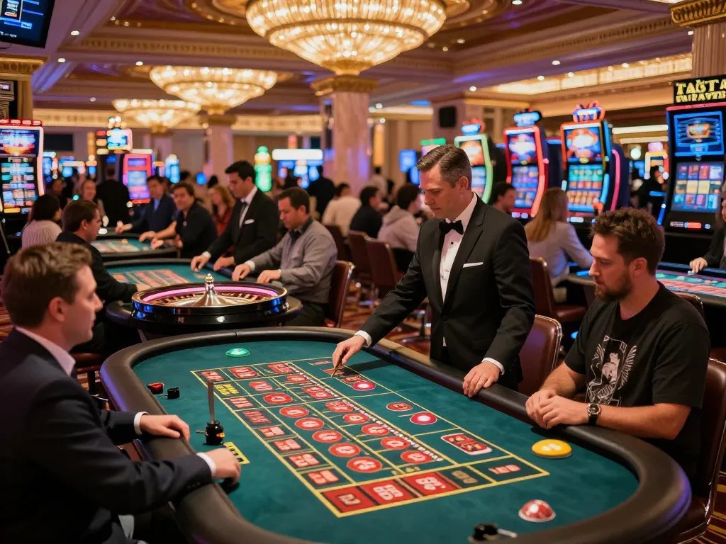 Exciting gameplay at vipwin casino roulette table with enthusiastic players and croupiers.