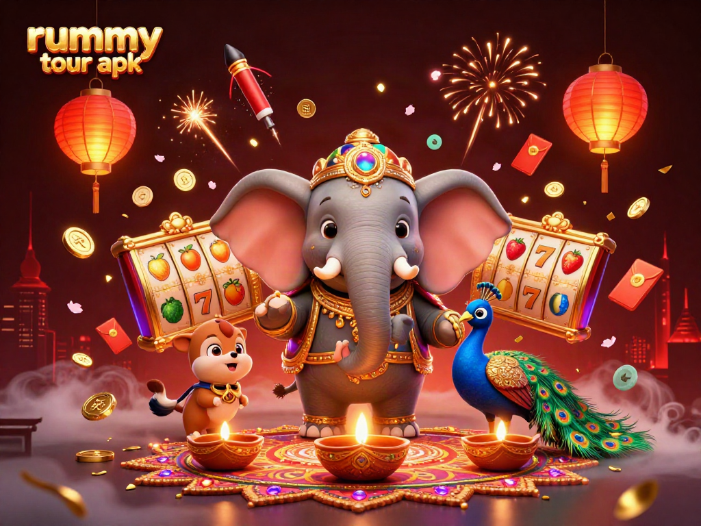 Rummy tour apk: Kasino digital meriah dengan gajah dan merak, simbol slot, dan kembang api.