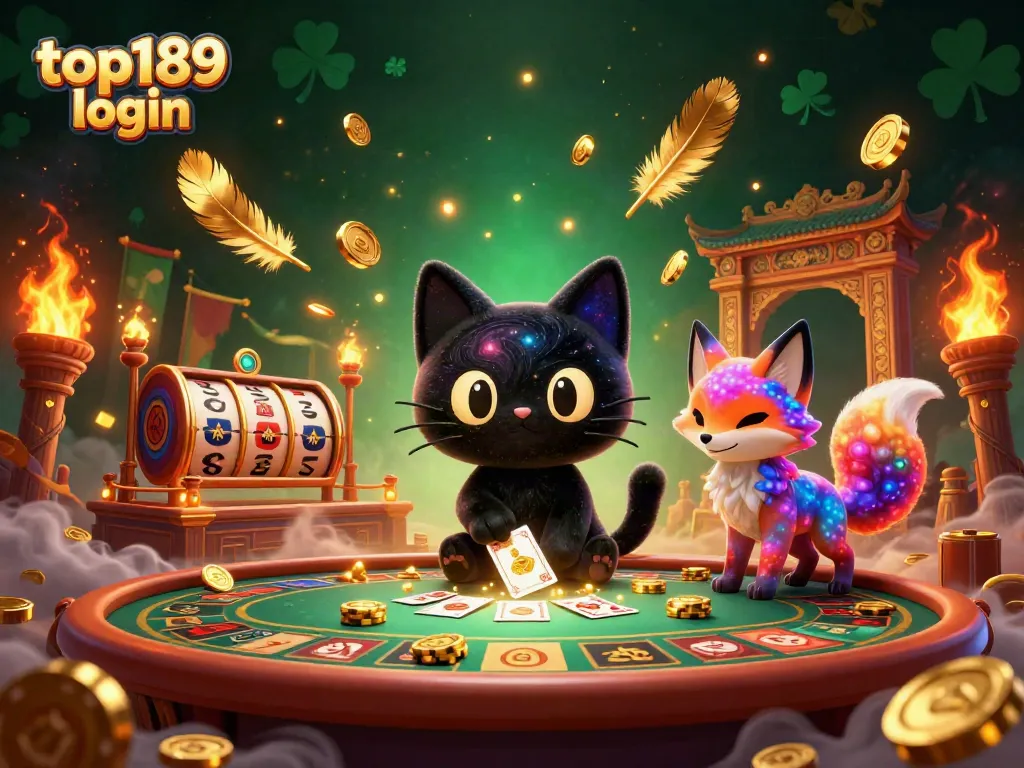 Experience the thrill of top189 login at a cosmic casino with a black hole cat drawing in chips and cards.
