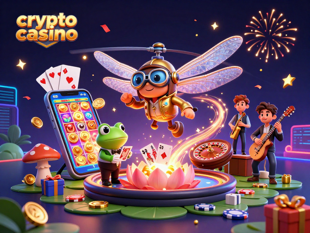 Engage in the vibrant crypto casino scene with a dragonfly pilot above a lily pad, while a frog croupier deals cards.