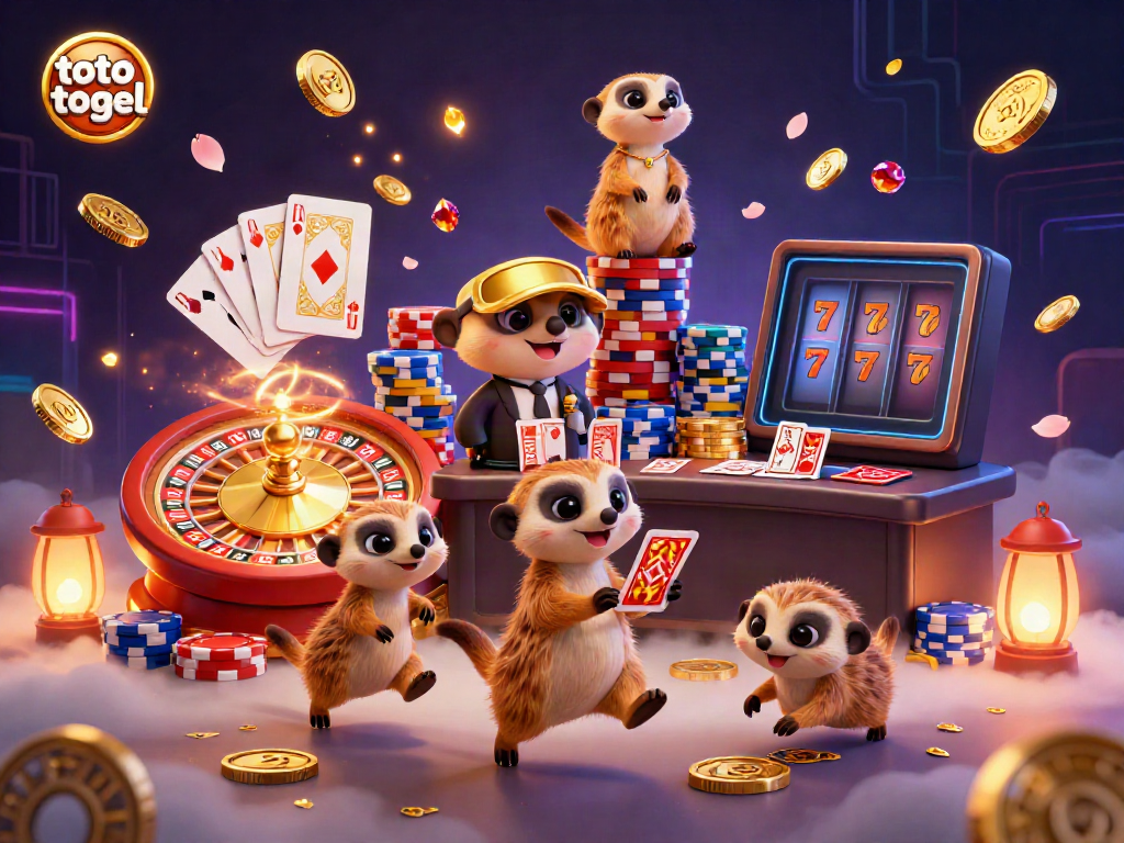Dynamic scene of meerkats in a casino illustrating the fun of toto togel with extravagant elements and whimsical interaction.