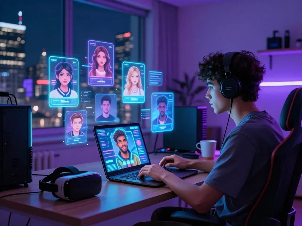 Engaging in ai sex chat on a sleek laptop with futuristic AI avatars in a modern apartment.