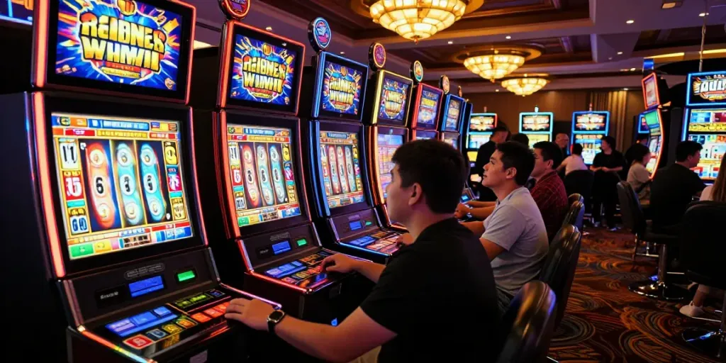 Exciting casino scene showcasing players at akunjp slot machines with vibrant graphics and lively atmosphere.